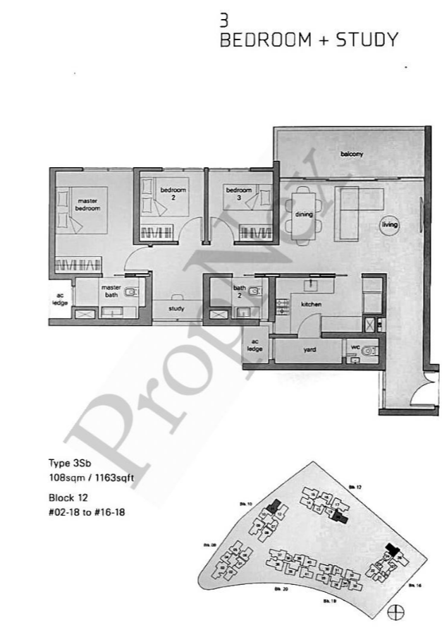 The Panorama 3-bedroom plus study Type 3Sb floor plan, 1,163 sqft with a dedicated study room