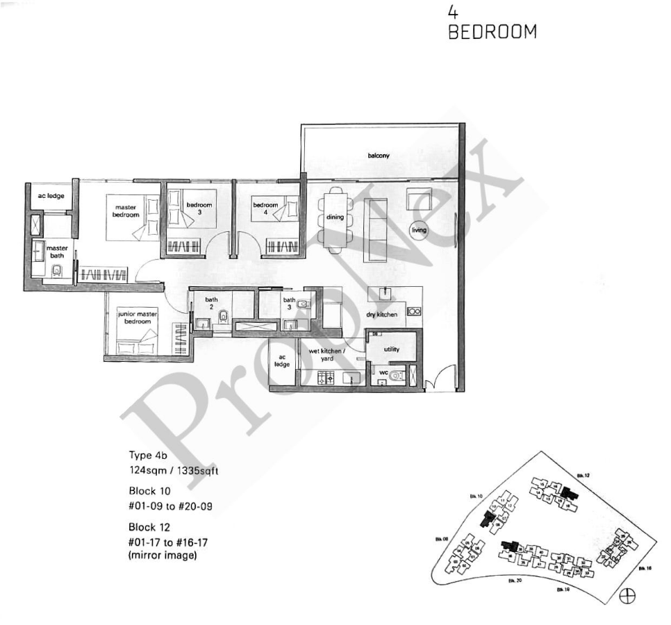The Panorama 4-bedroom Type 4b floor plan, 1,335 sqft with a junior master suite and a wet and dry kitchen