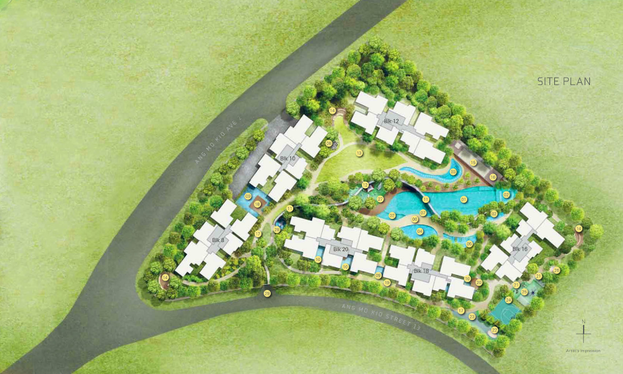 The Panorama site plan — six residential blocks arranged around the central pool and facilities deck on a 198,938 sqft plot