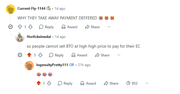 Comment thread asking why DPS was scrapped: so people cannot sell BTO at high price to pay for their EC