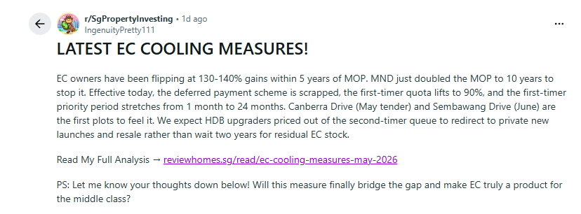 r/SgPropertyInvesting post: LATEST EC COOLING MEASURES — explaining the four-lever reset and asking whether it bridges the gap for the middle class