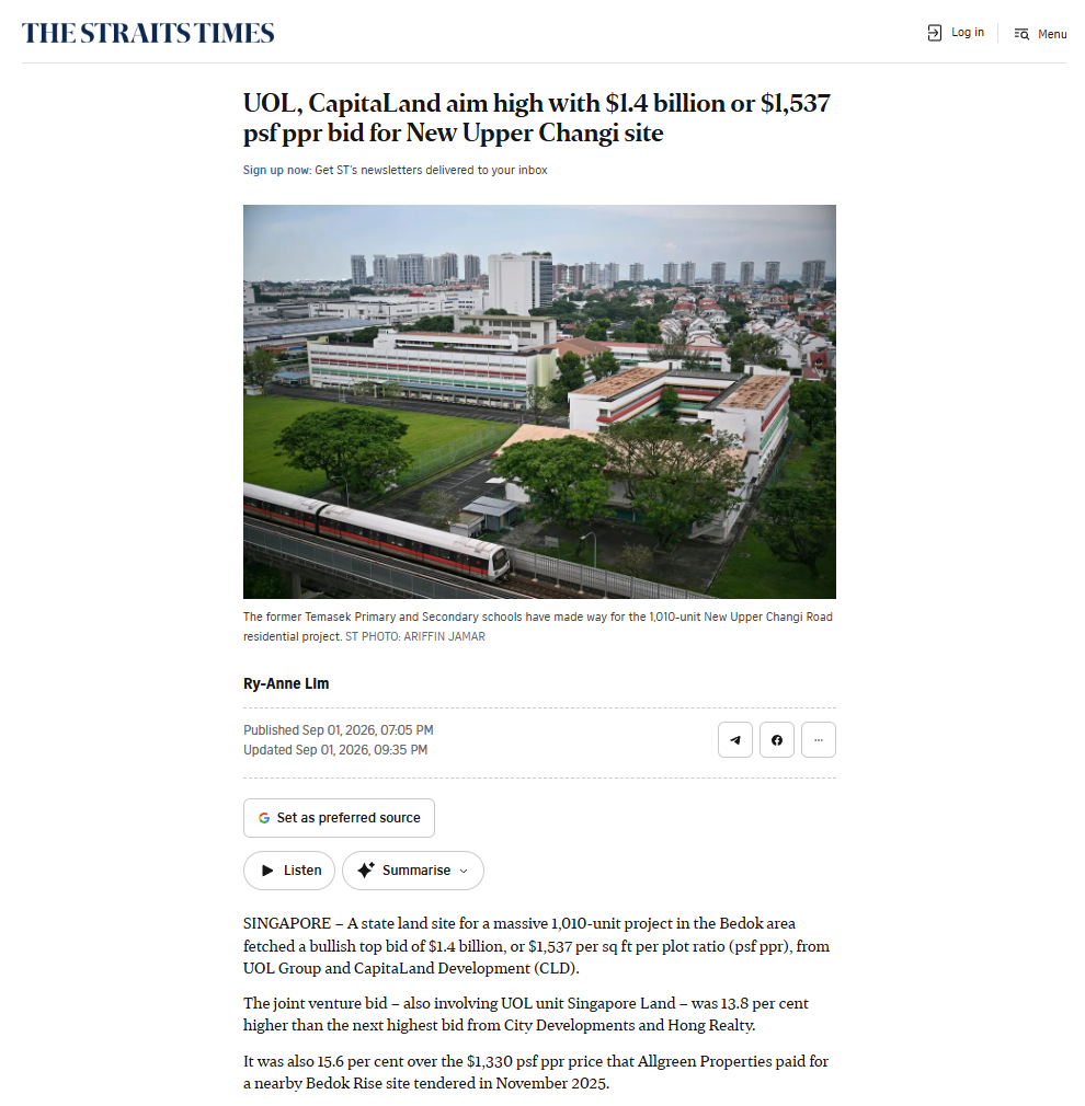 Straits Times report on the $1,537 psf ppr New Upper Changi Road bid, 1 September 2026