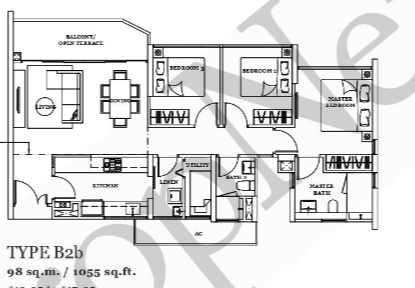 Belysa Type B2b floor plan at 1055 sqft in Pasir Ris, a three bedroom layout with separate utility room off the kitchen