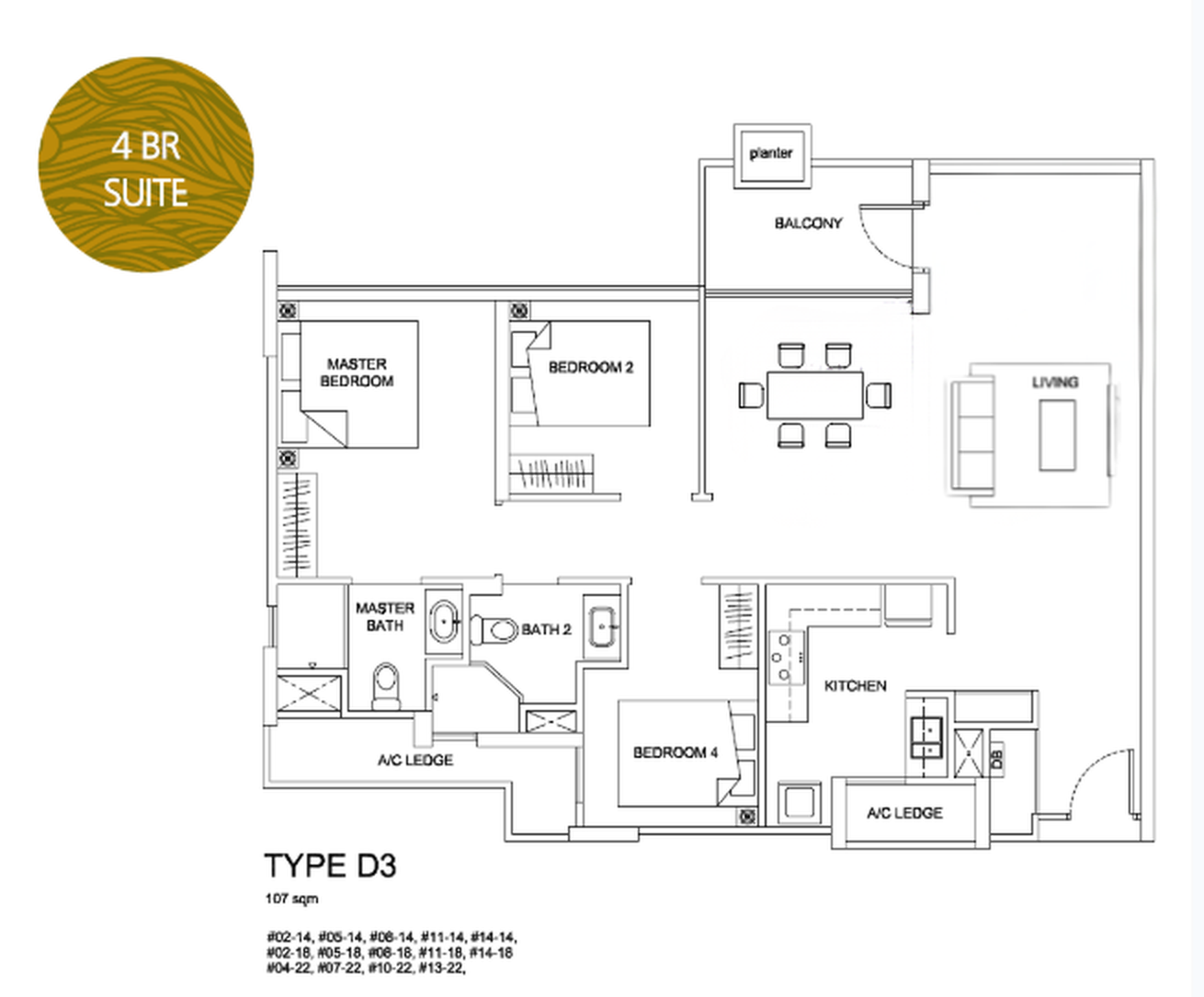 The same Santorini Type D3 layout after renovation, with the bedroom three walls removed so the dining table sits in that footprint and the living area runs the length of the balcony