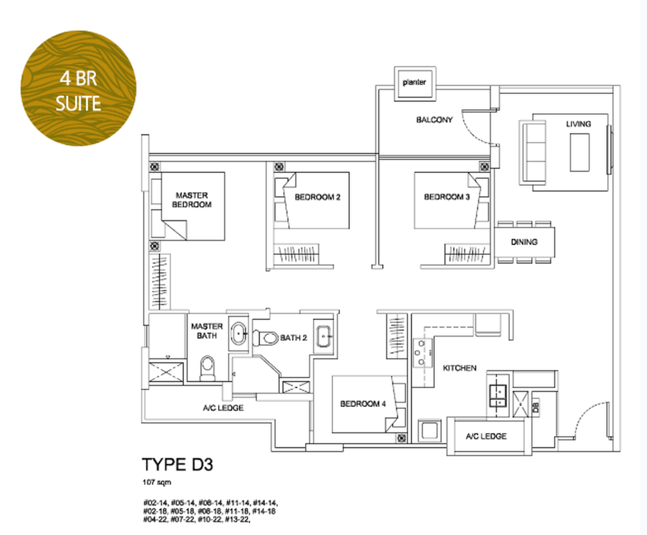 The Santorini Type D3 four-bedroom floor plan at 1152 sqft in Tampines, as sold, showing master bedroom plus bedrooms 2, 3 and 4, two bathrooms, and no store or utility room