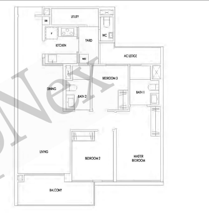 Treasure at Tampines Type C8P three-bedroom premium floor plan at 1012 sqft, showing three bedrooms, two bathrooms, and a yard, utility room and WC behind the kitchen