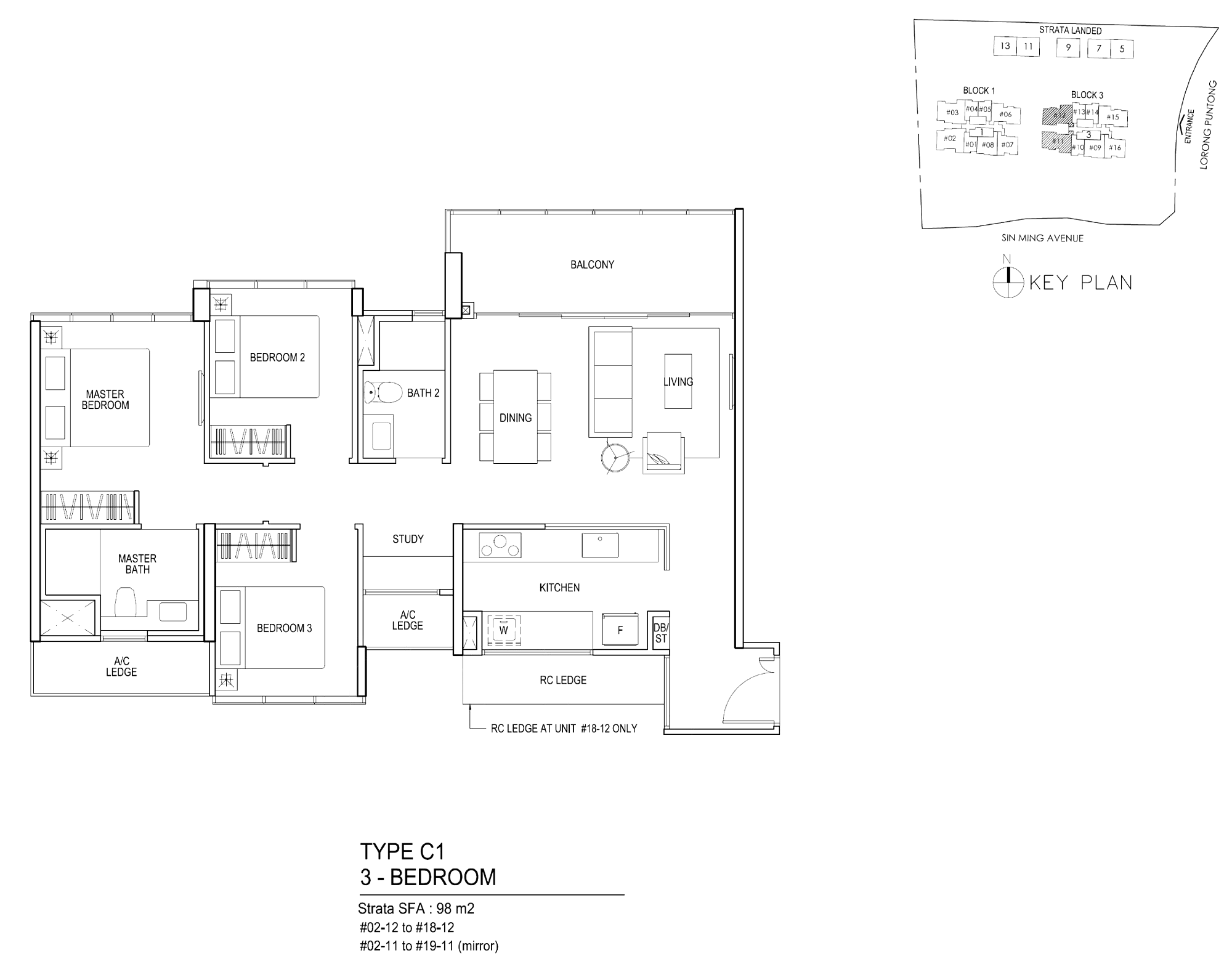 Thomson Impressions 3-bedroom floor plan, Type C1, 1,055 sqft, aircon ledge inside the strata area