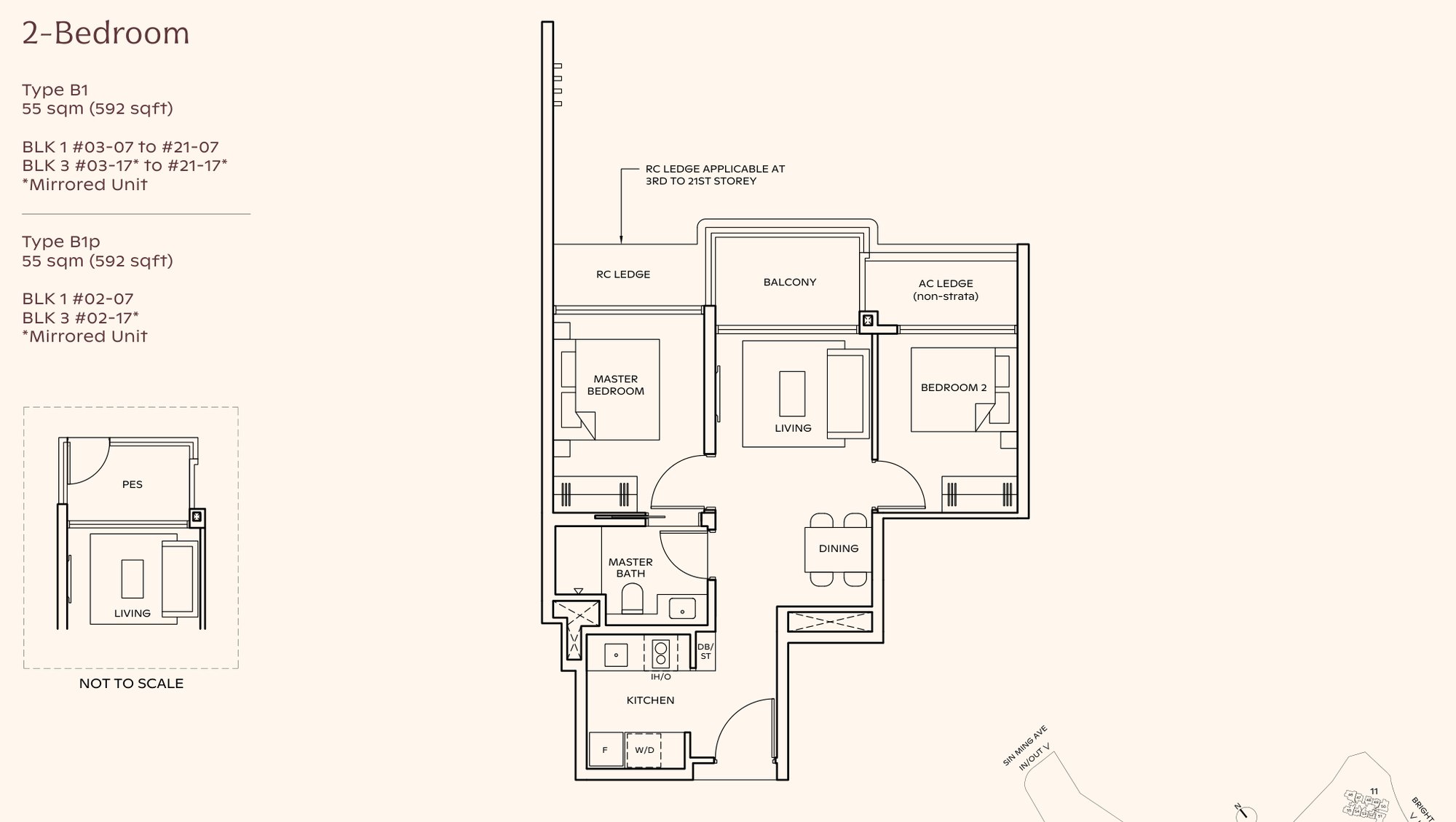 Thomson Reserve 2-bedroom floor plan, Type B1, 592 sqft: master about 11 sqm, bedroom 2 about 9 sqm, one bathroom, dumbbell layout