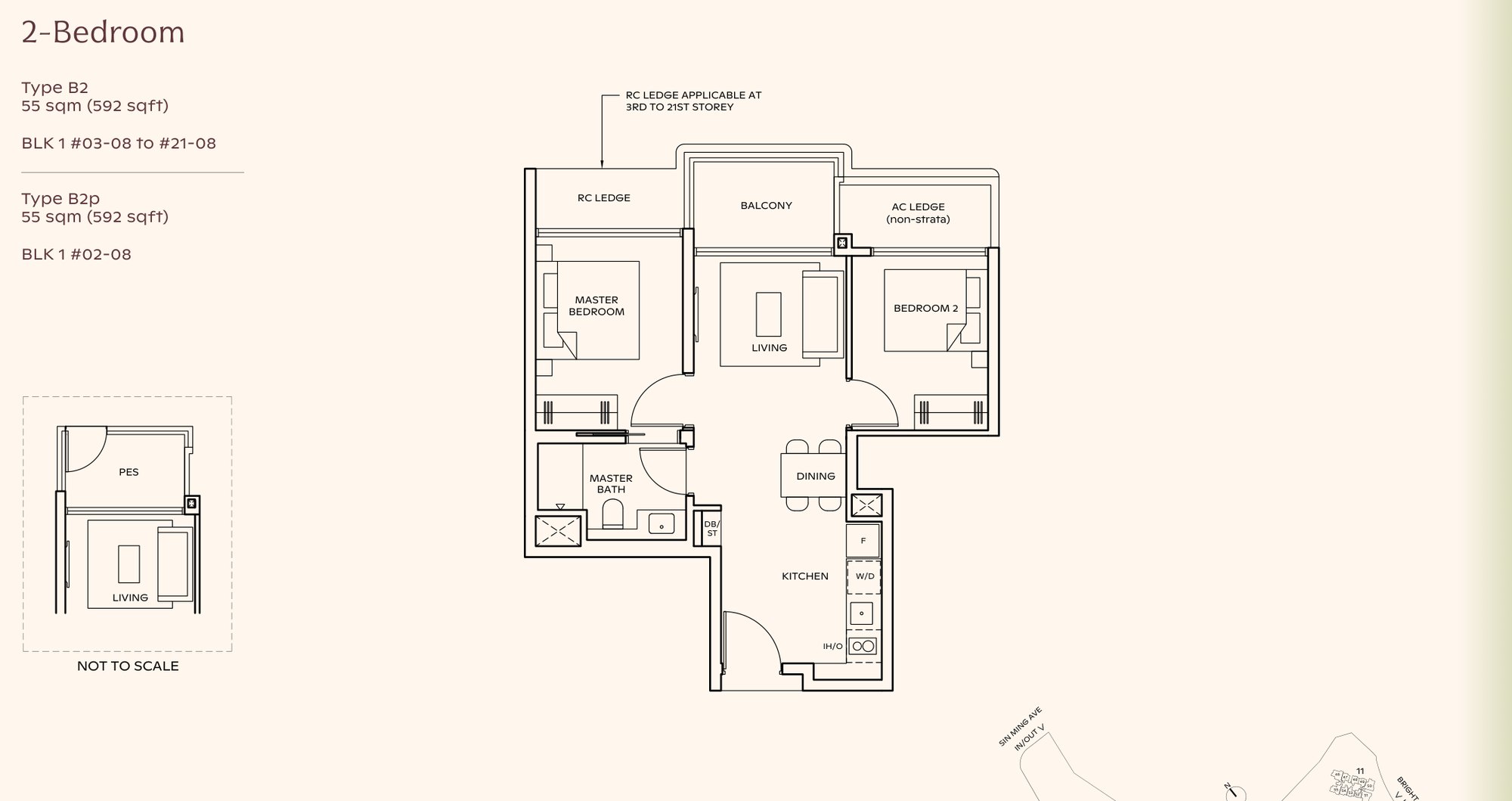 Thomson Reserve 2-bedroom floor plan, Type B2, 592 sqft: the same dumbbell plan with an open kitchen