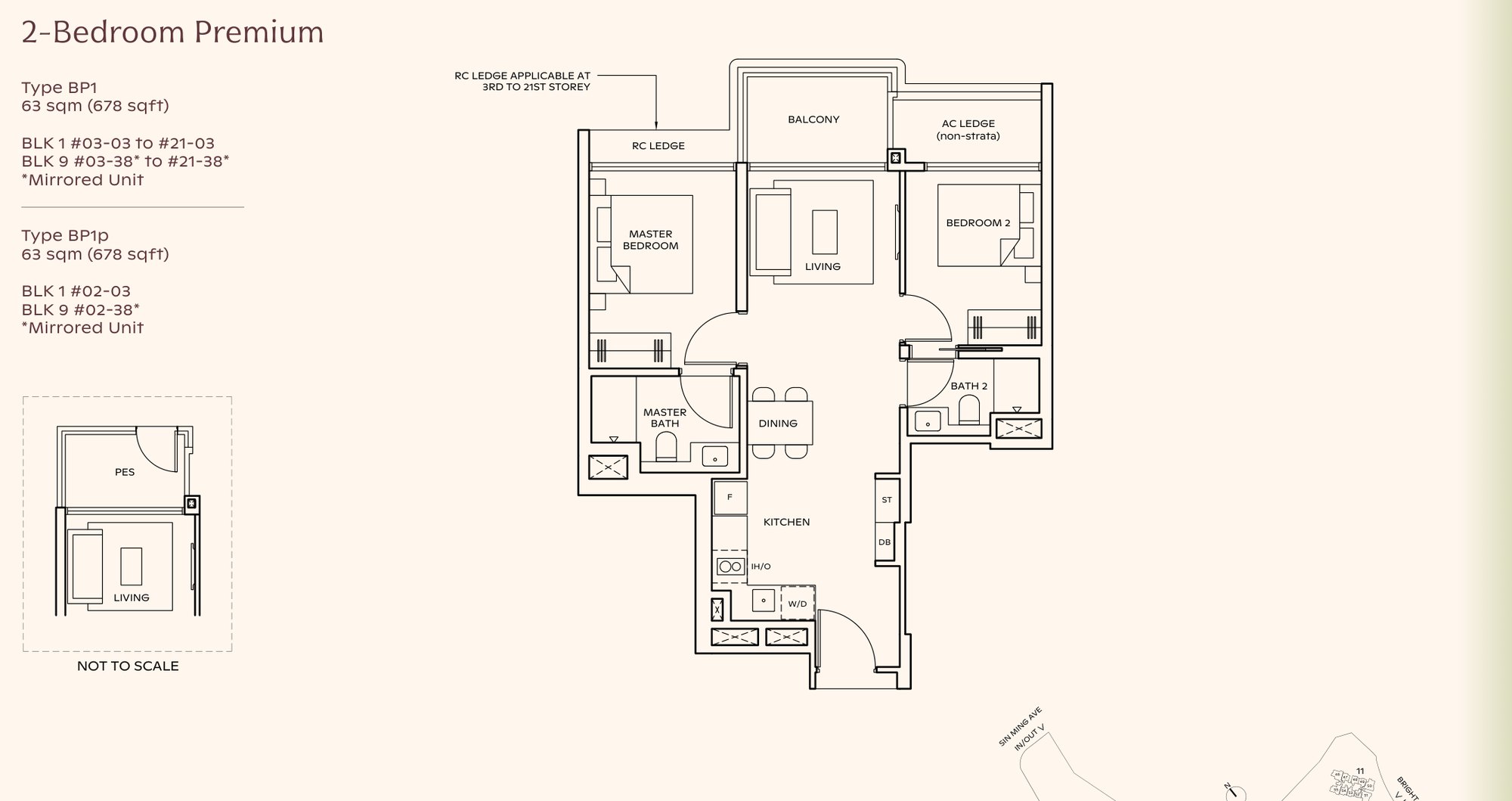 Thomson Reserve 2-bedroom premium floor plan, Type BP1, 678 sqft: the open-kitchen version of the premium plan