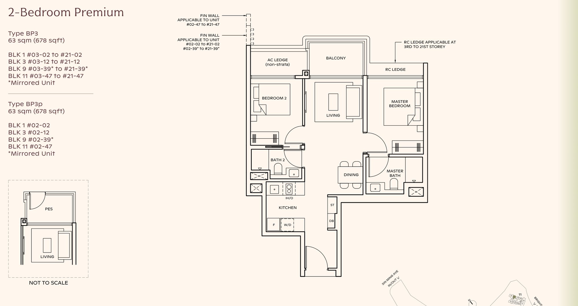 Thomson Reserve 2-bedroom premium floor plan, Type BP3, 678 sqft: master about 11 sqm, bedroom 2 about 9 sqm, two bathrooms, the most common layout in the project