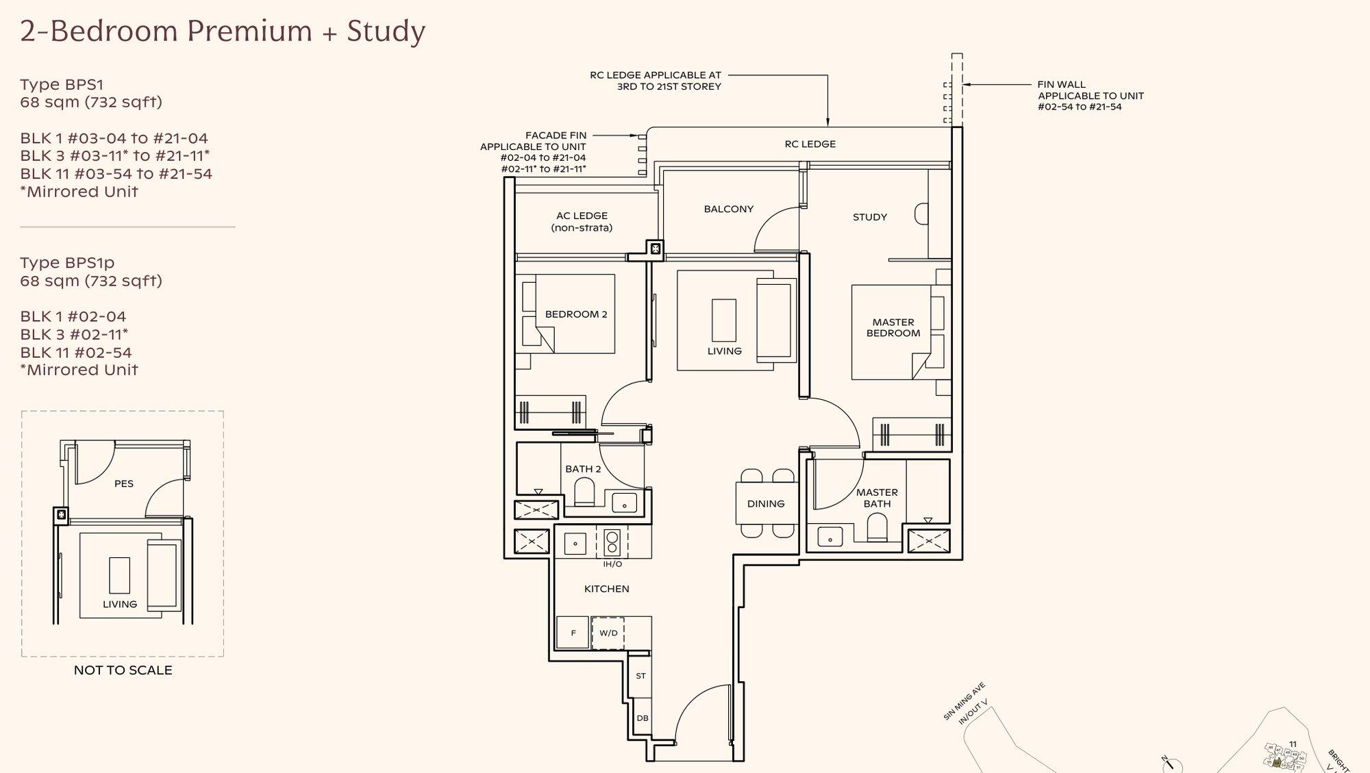 Thomson Reserve 2-bedroom premium with study floor plan, Type BPS1, 732 sqft: master 10.9 sqm, bedroom 2 8.9 sqm, a 5.2 sqm study off the master bedroom, two bathrooms