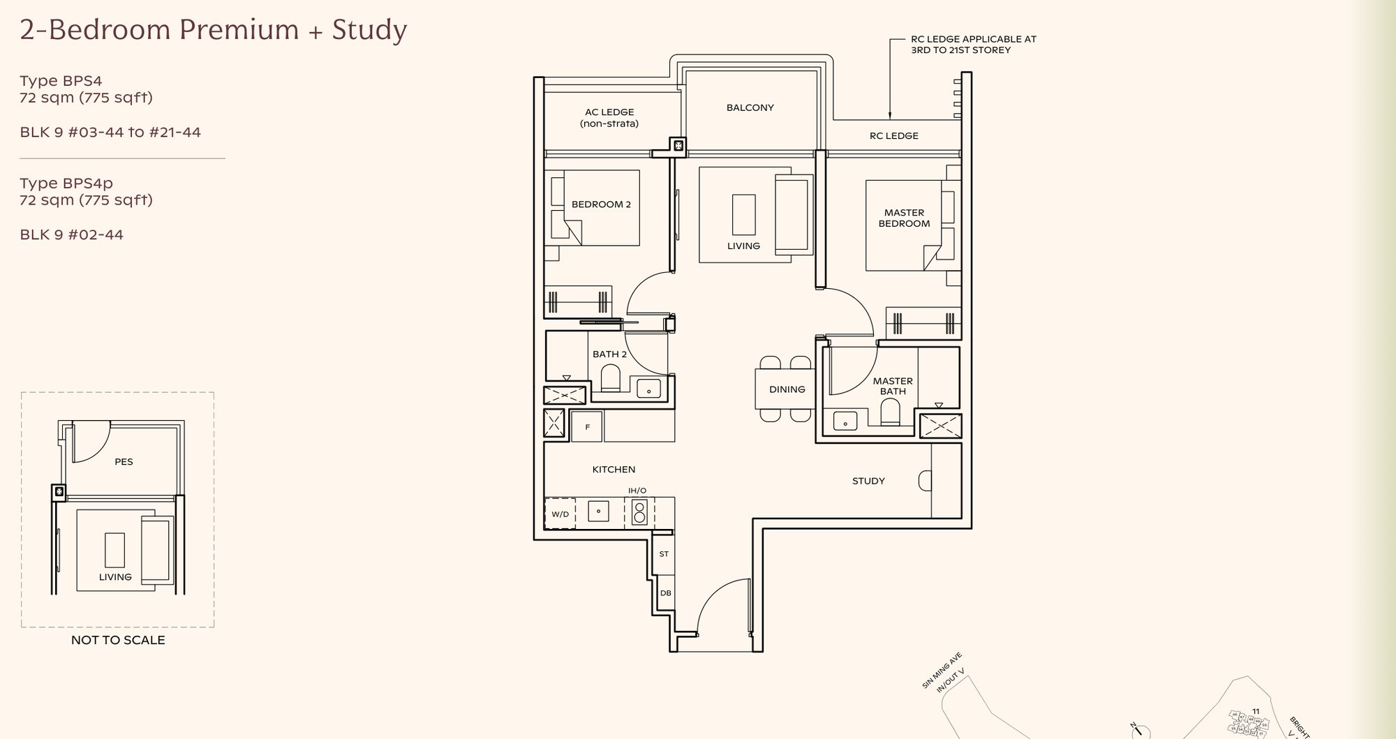 Thomson Reserve 2-bedroom premium with study floor plan, Type BPS4, 775 sqft: the study opens off the living and dining