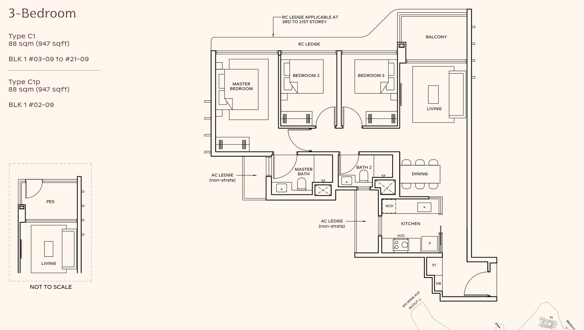Thomson Reserve 3-bedroom floor plan, Type C1, 947 sqft: master about 15 sqm, bedrooms 2 and 3 at 8.8 and 8.9 sqm, two bathrooms, enclosed kitchen, no yard