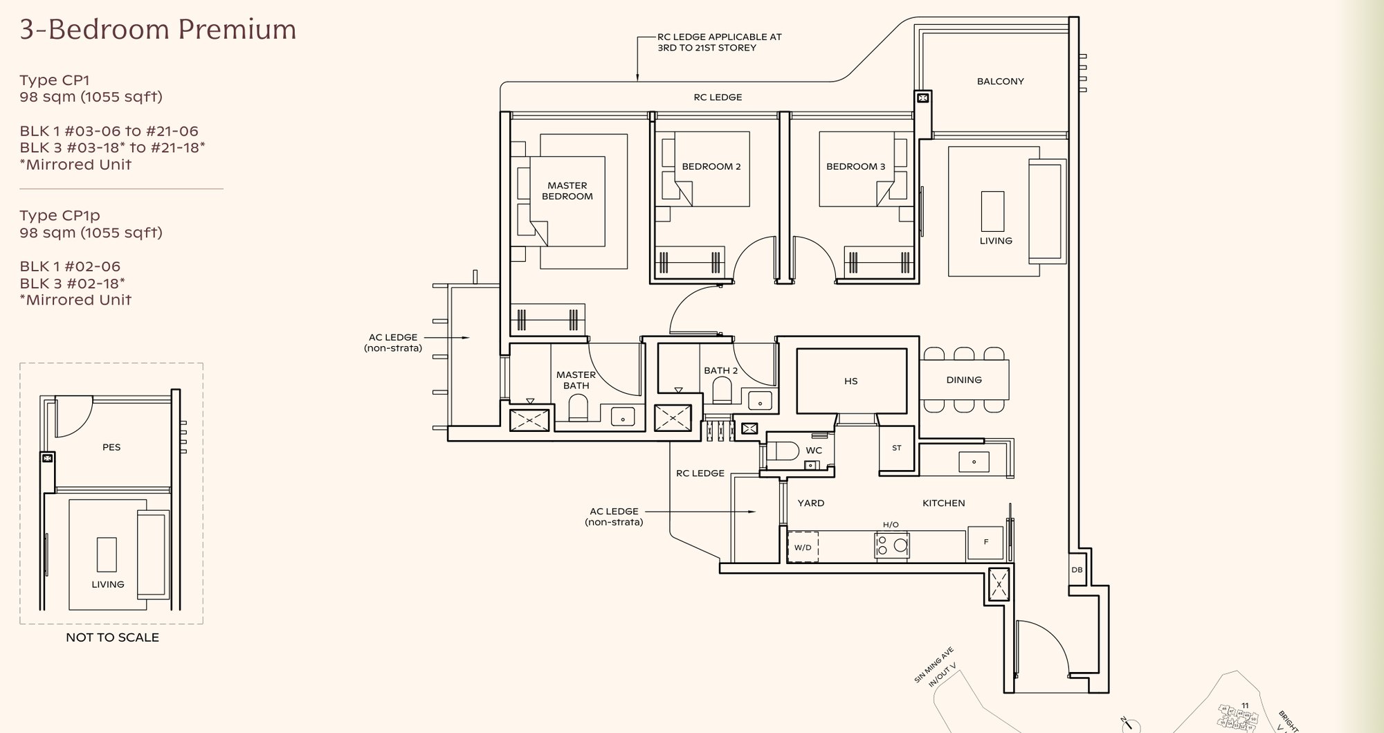 Thomson Reserve 3-bedroom premium floor plan, Type CP1, 1,055 sqft: the same bedrooms as the 947 sqft plan plus a household shelter, a yard and a helper's WC