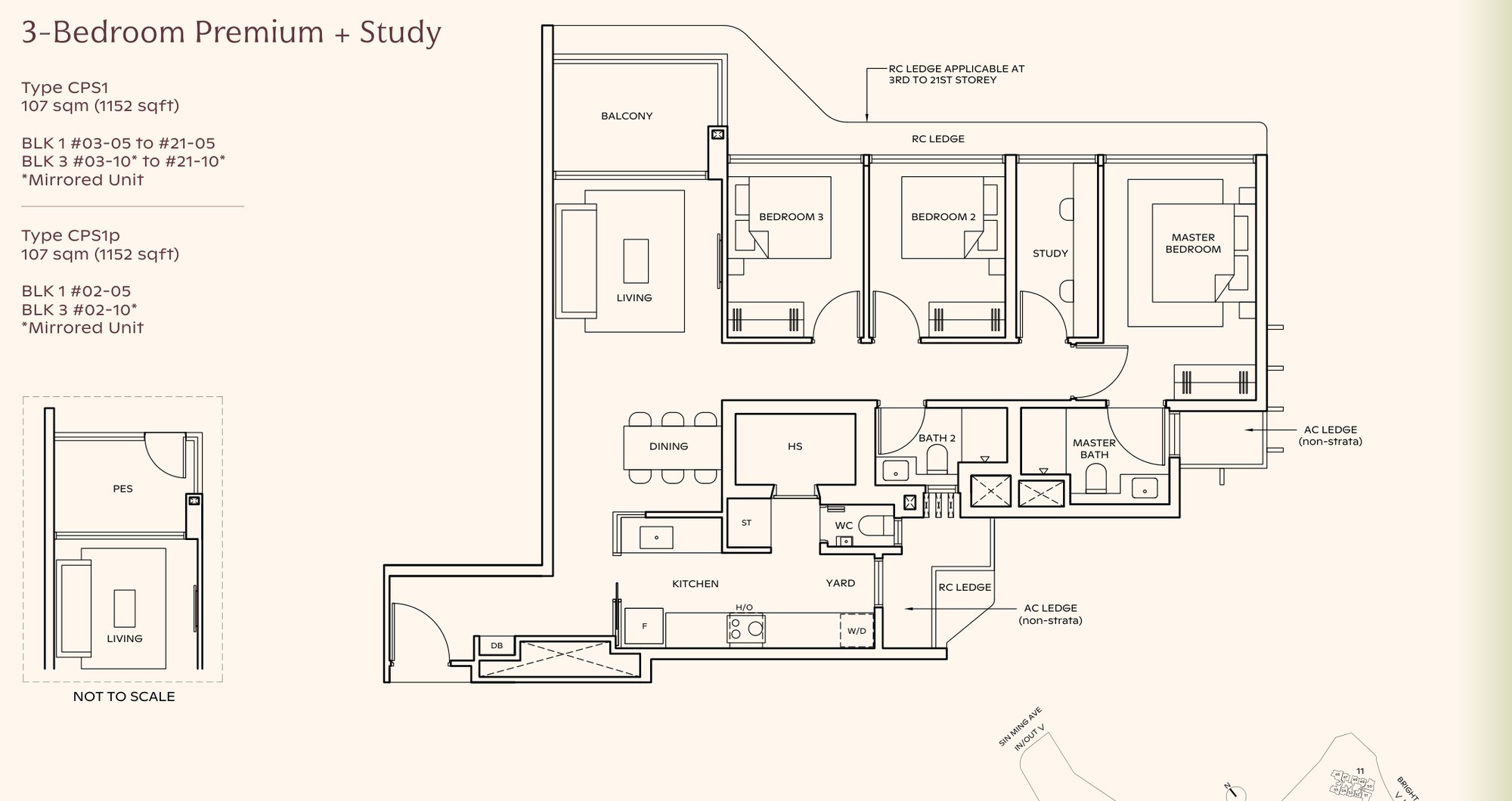 Thomson Reserve 3-bedroom premium with study floor plan, Type CPS1, 1,152 sqft: the premium plan plus a walled study of about 4 to 5 sqm between the master and bedroom 2