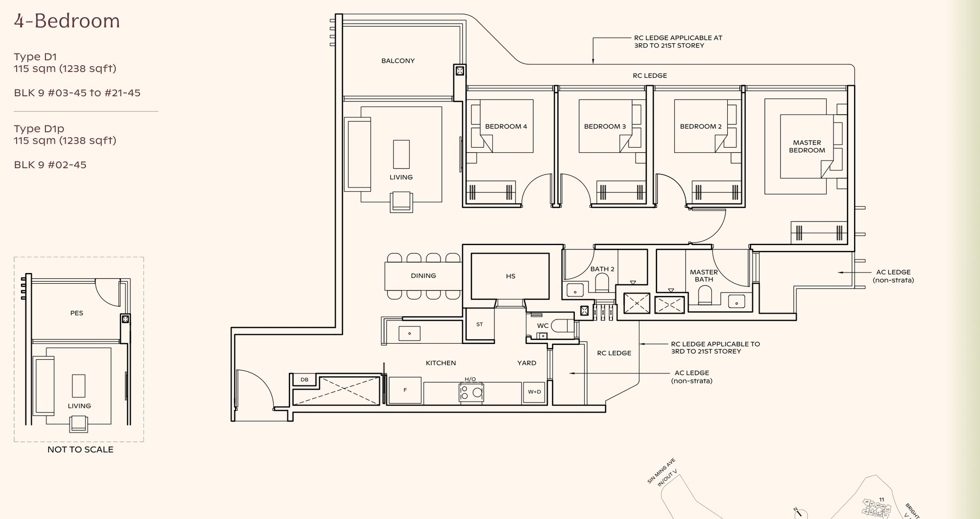 Thomson Reserve 4-bedroom floor plan, Type D1, 1,238 sqft: master about 15 sqm, three common bedrooms at 8.8 to 8.9 sqm, two bathrooms plus a WC in the yard