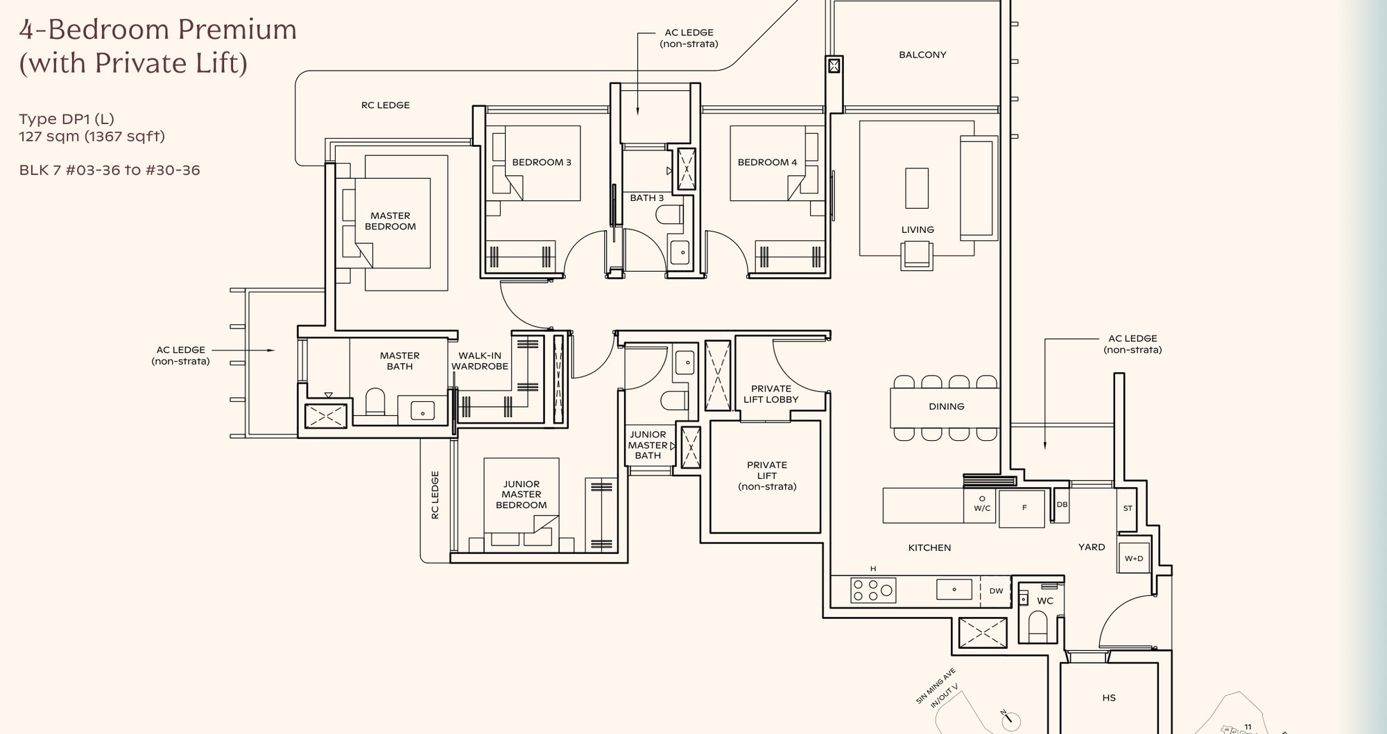 Thomson Reserve 4-bedroom premium with private lift floor plan, Type DP1, 1,367 sqft: master with walk-in wardrobe, a junior master with its own bathroom, three bathrooms plus a WC