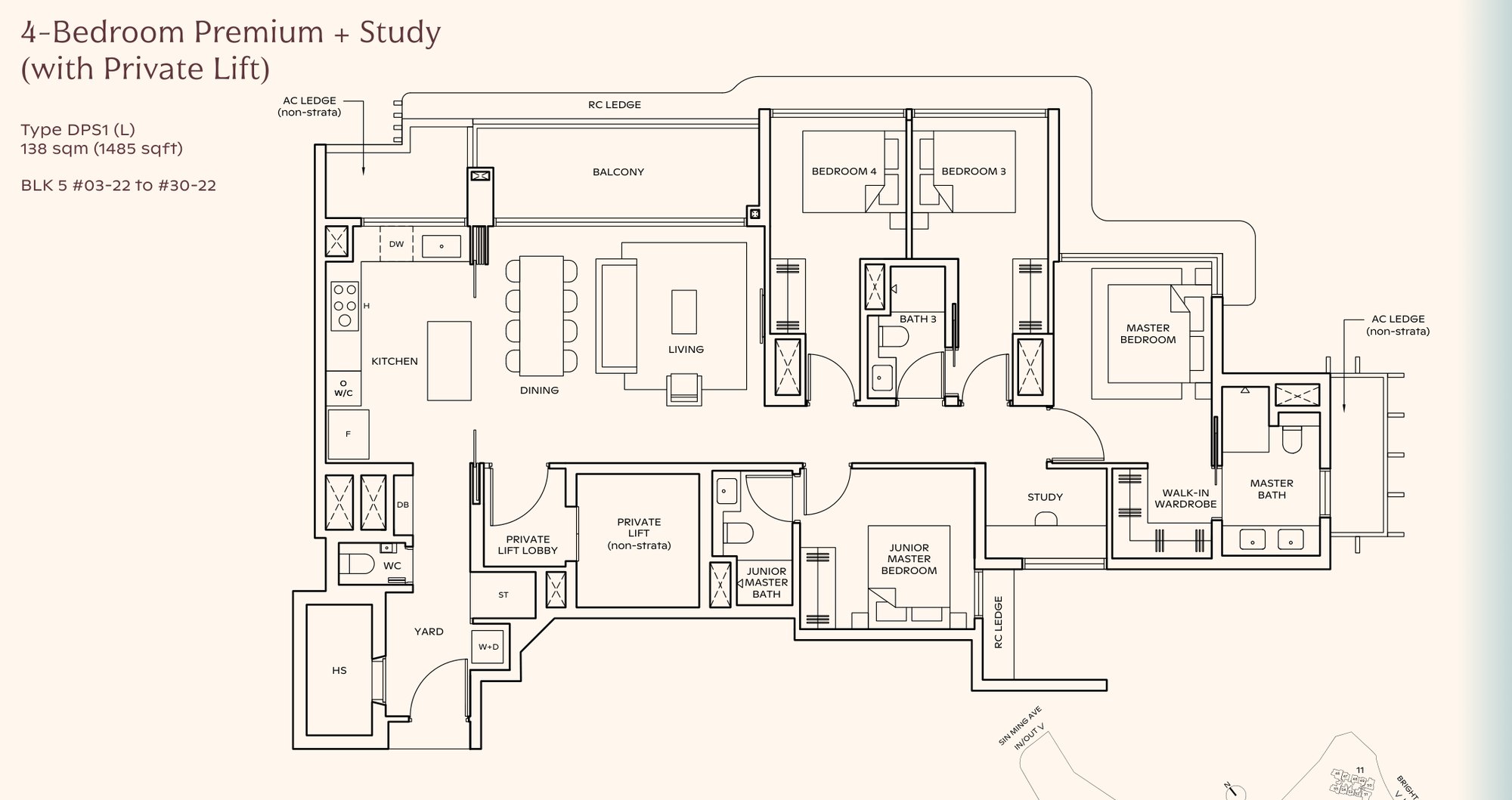 Thomson Reserve 4-bedroom premium with study and private lift floor plan, Type DPS1, 1,485 sqft: master with walk-in wardrobe, junior master, study beside the master, 5.25 metre living room frontage