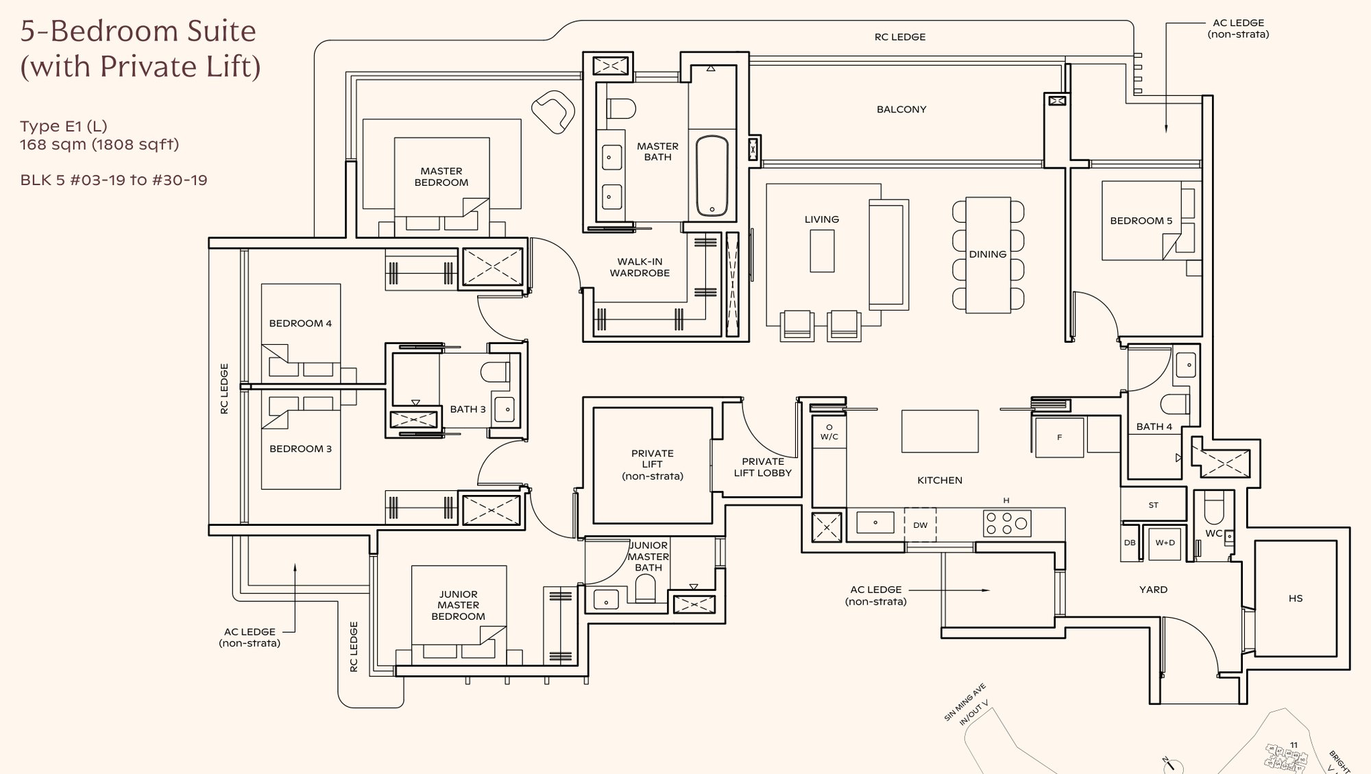Thomson Reserve 5-bedroom suite with private lift floor plan, Type E1, 1,808 sqft: master suite with walk-in wardrobe and bathtub, junior master, four bathrooms plus a WC, 24 sqm kitchen with island