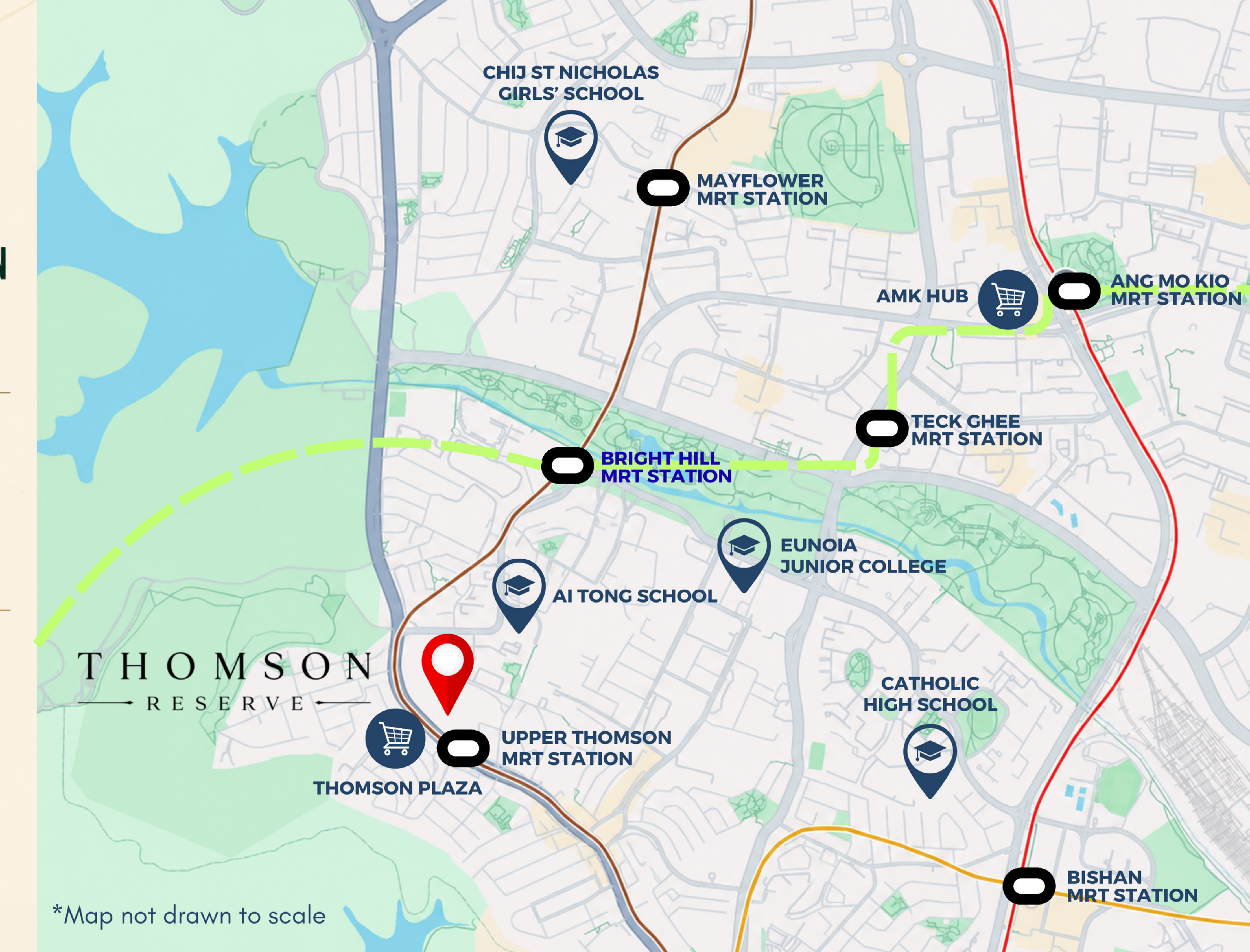 Thomson Reserve connectivity map: beside Upper Thomson MRT, opposite Thomson Plaza, within 1km of Ai Tong School in District 20