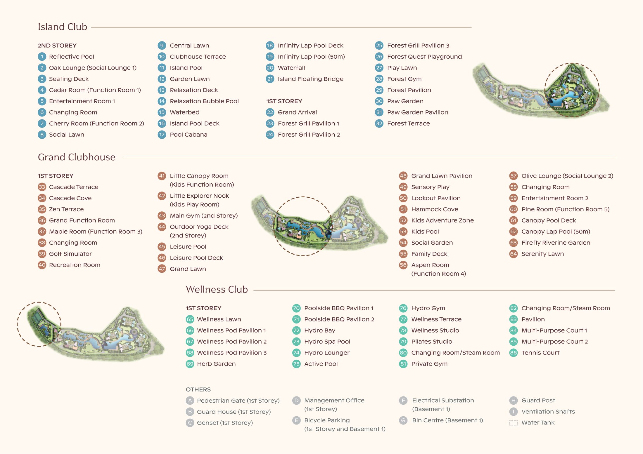 Thomson Reserve facilities plan: the 86 named facilities across the Island Club, Grand Clubhouse and Wellness Club