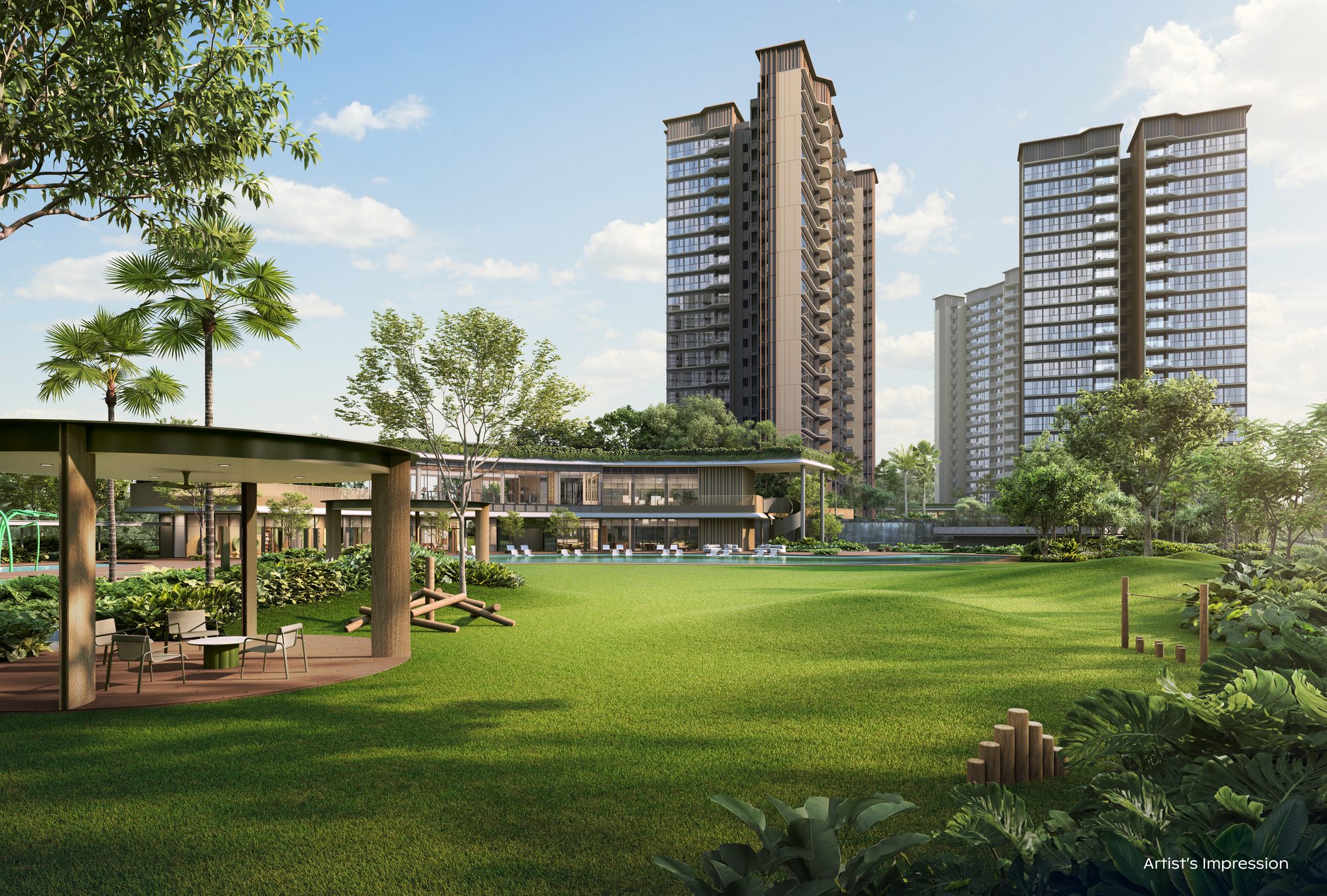 Artist's impression of the Grand Lawn and pavilion at Thomson Reserve, with the towers behind