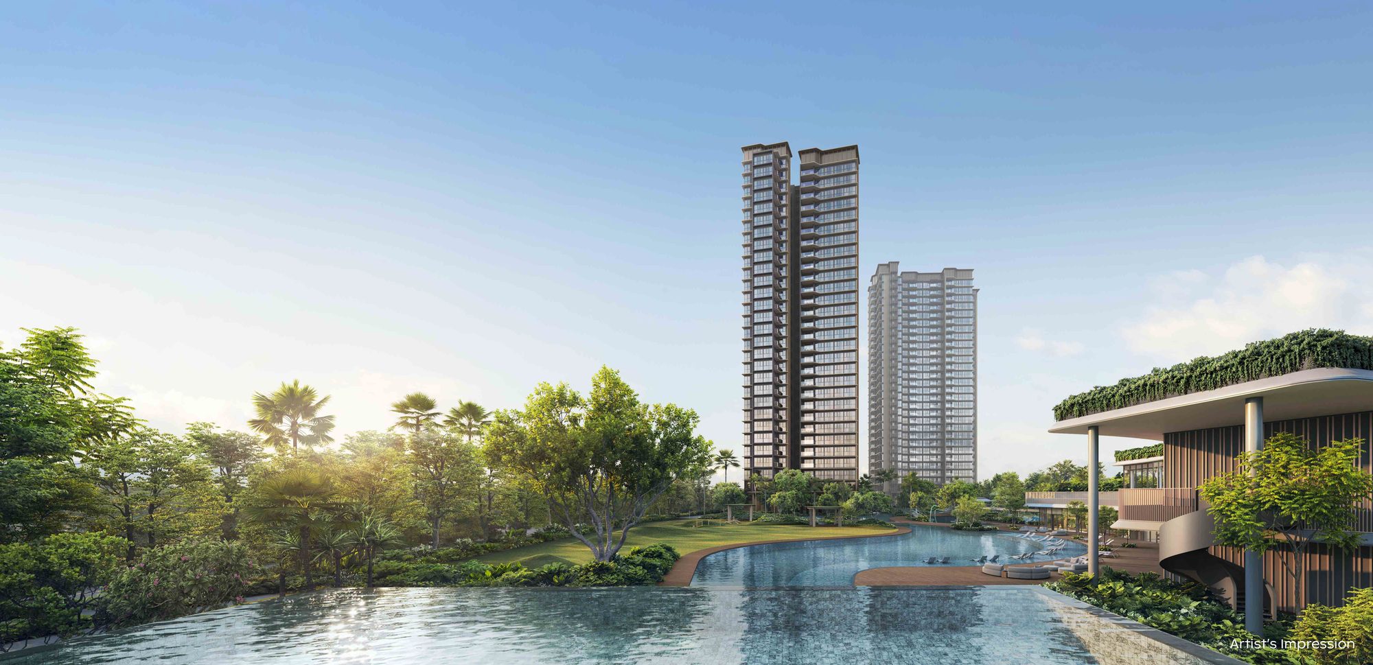 Artist's impression of the 50-metre infinity lap pool at Thomson Reserve's Island Club, with the towers behind