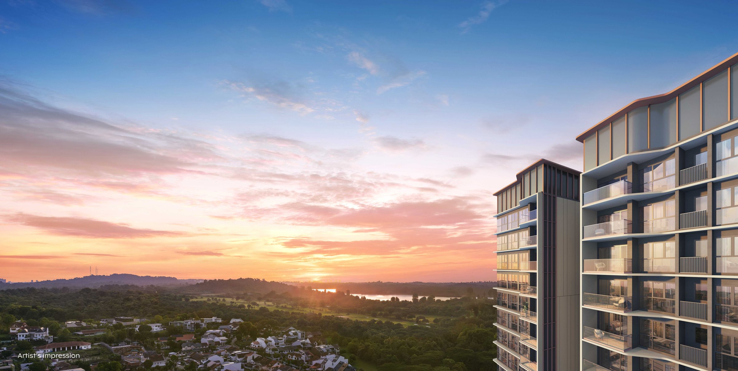 Artist's impression of the view from Thomson Reserve's higher floors, looking over the landed enclave toward the reservoir treeline