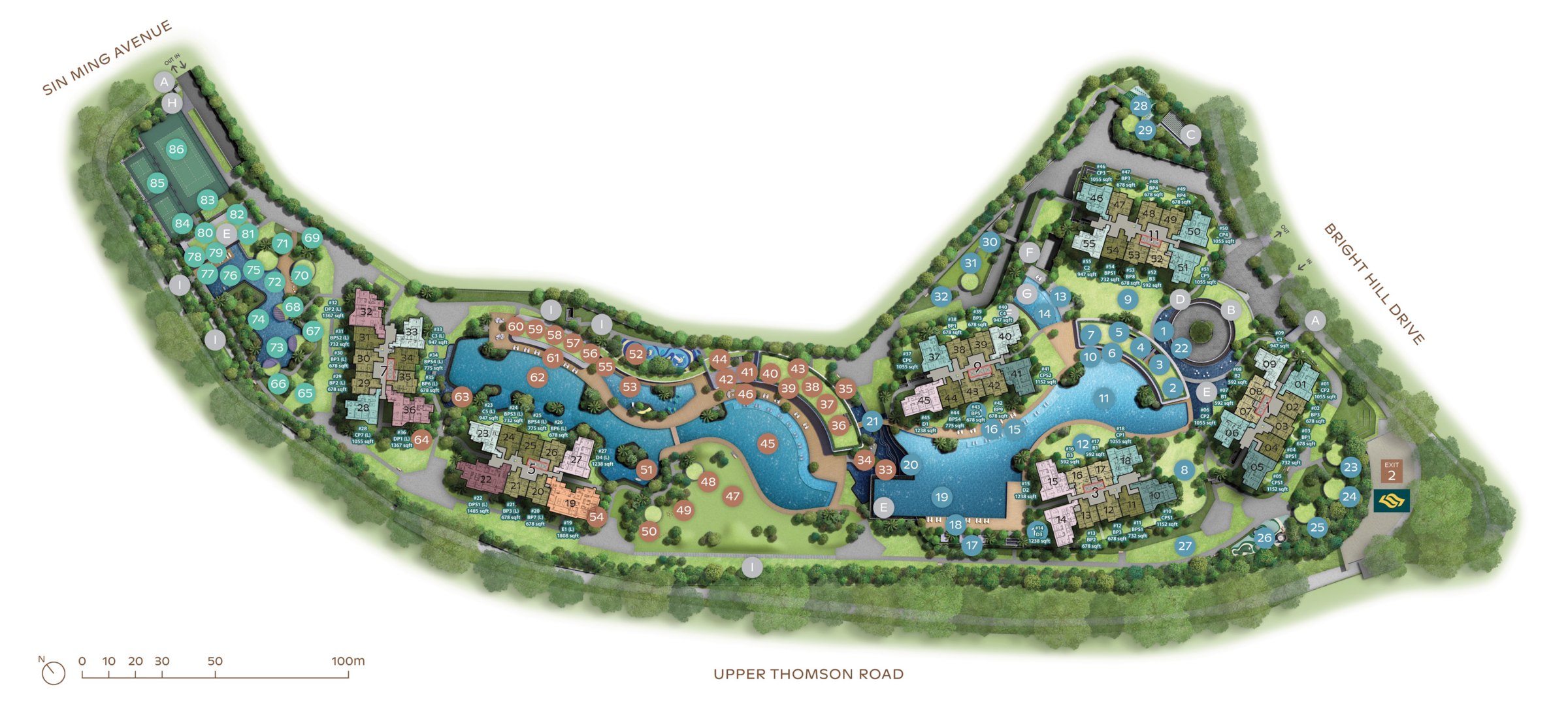 Thomson Reserve site plan showing Blocks 1, 3, 5, 7, 9 and 11 with every stack numbered 01 to 55, the unit type and size at each stack, the 86 numbered facilities, and Sin Ming Avenue, Upper Thomson Road and Bright Hill Drive around the site