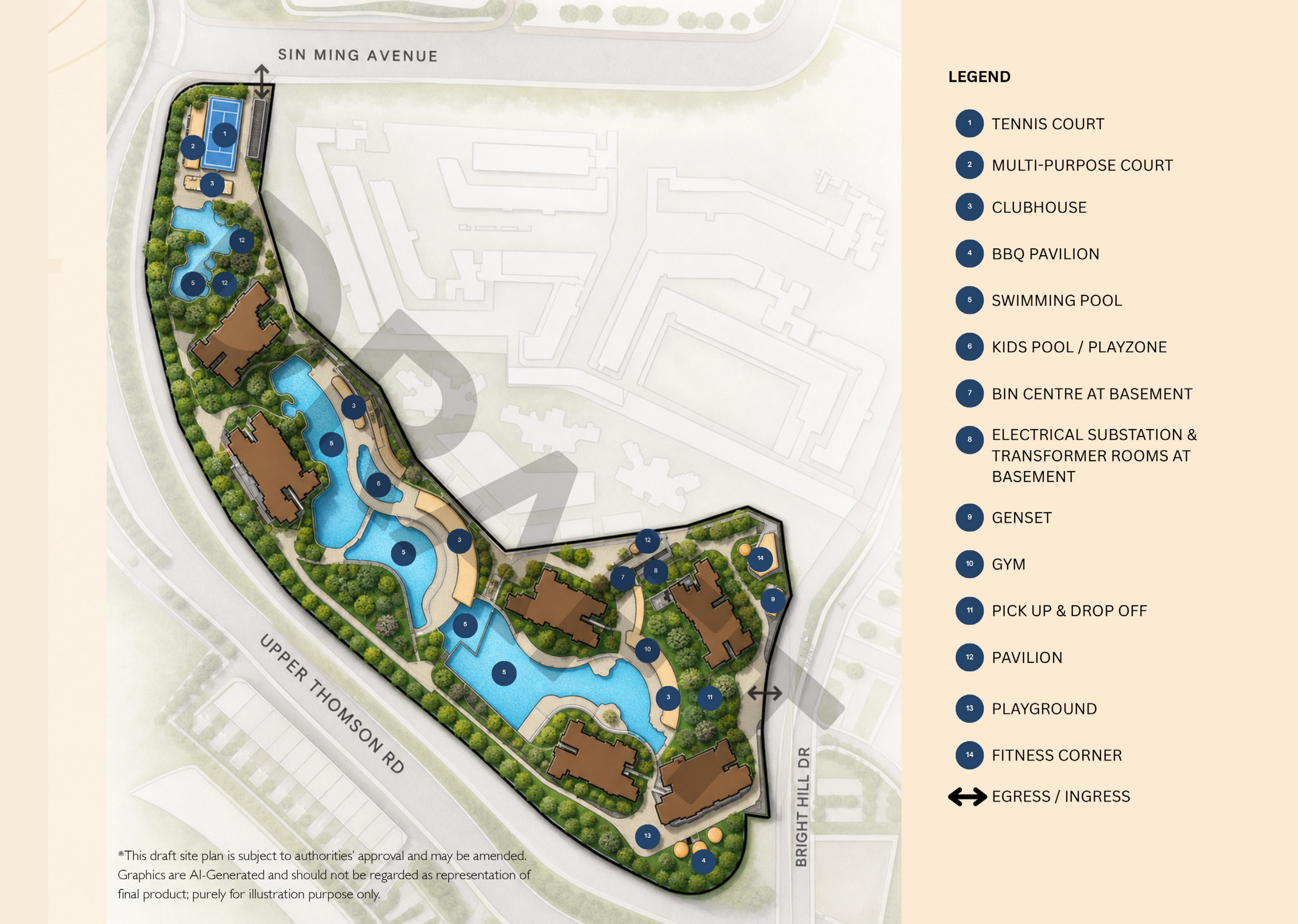 Thomson Reserve site plan showing the curved 5-hectare plot, central lagoon pool and condo facilities between Upper Thomson Road and Bright Hill Drive