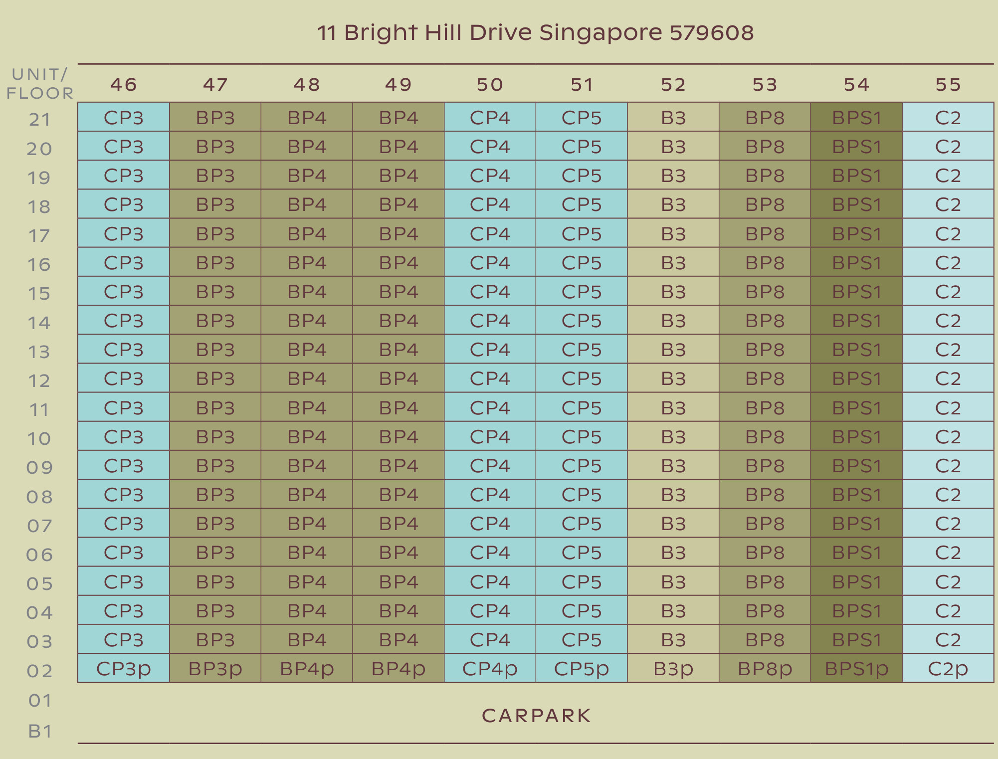 Thomson Reserve Block 11 unit distribution chart, 11 Bright Hill Drive: stacks 46 to 55, storeys 2 to 21, unit type by stack and floor