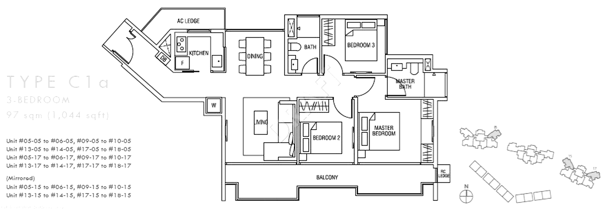 Thomson Three 3-bedroom floor plan, Type C1a, 1,044 sqft, aircon ledge inside the strata area