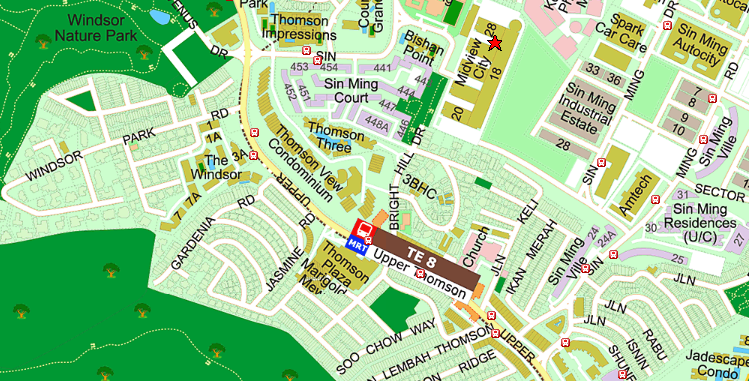 Thomson View site map showing the 504,314 sqft plot outline at Bright Hill Drive next to Upper Thomson MRT with Thomson Plaza Shunfu and MacRitchie surrounding the development