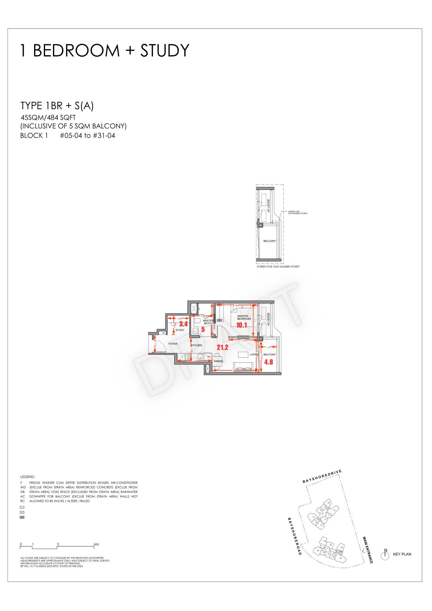 Vela Bay 1-Bedroom + Study floor plan Type 1BR+S(A) 484 sqft 45 sqm Block 1