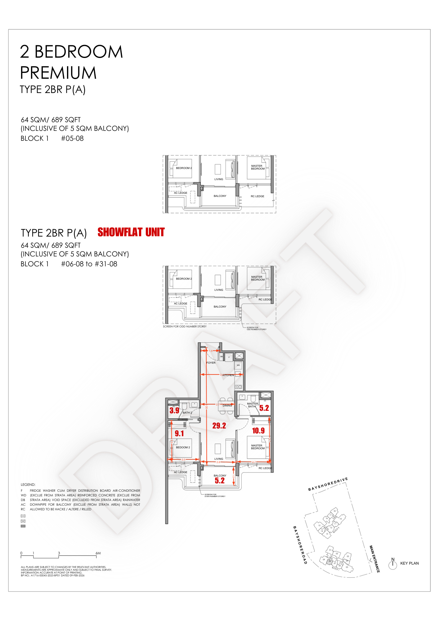 Vela Bay 2-Bedroom Premium floor plan Type 2BR P(A) 689 sqft 64 sqm Block 1 with second bathroom