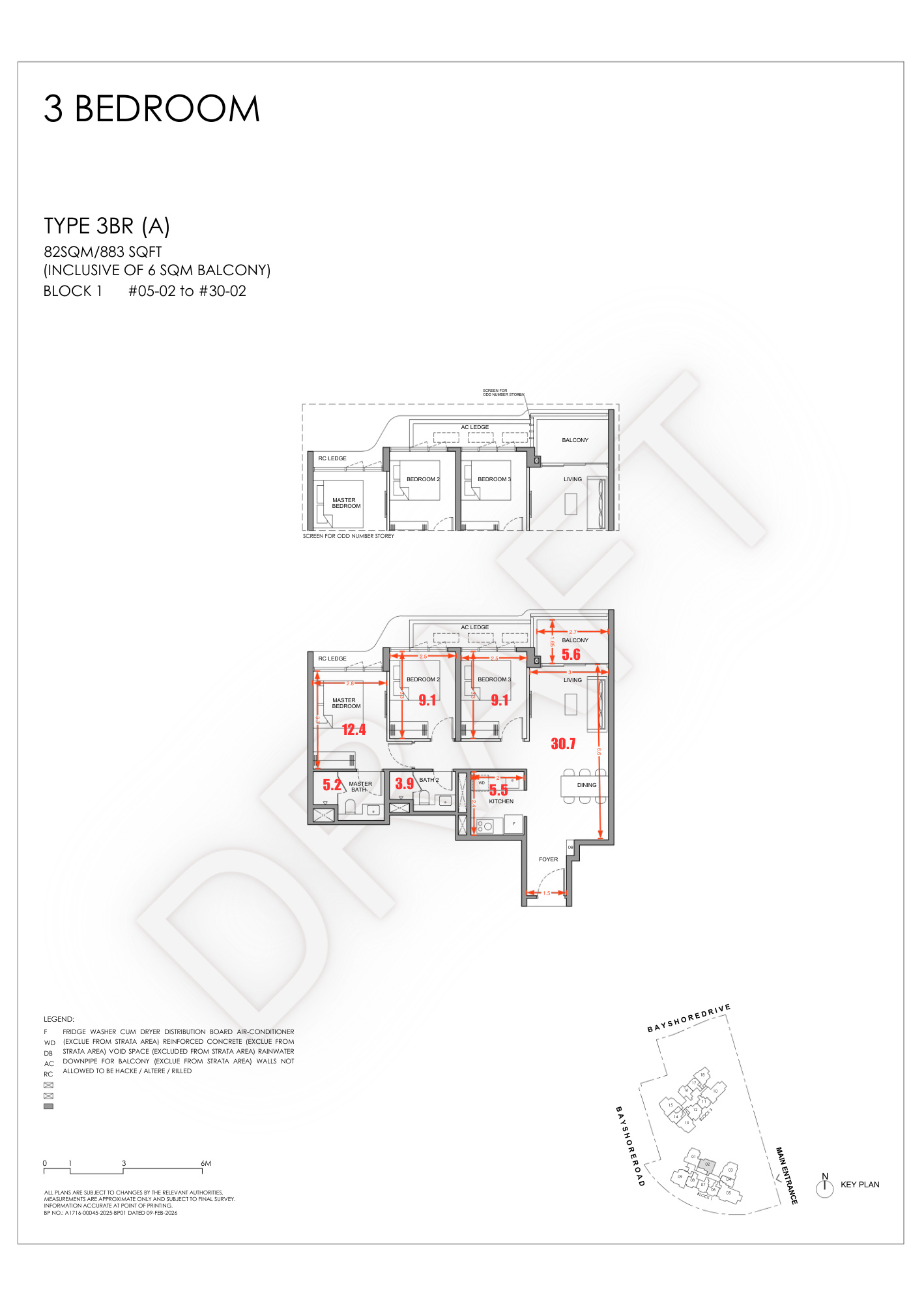 Vela Bay 3-Bedroom floor plan Type 3BR(A) 883 sqft 82 sqm Block 1 with 9 sqm common rooms
