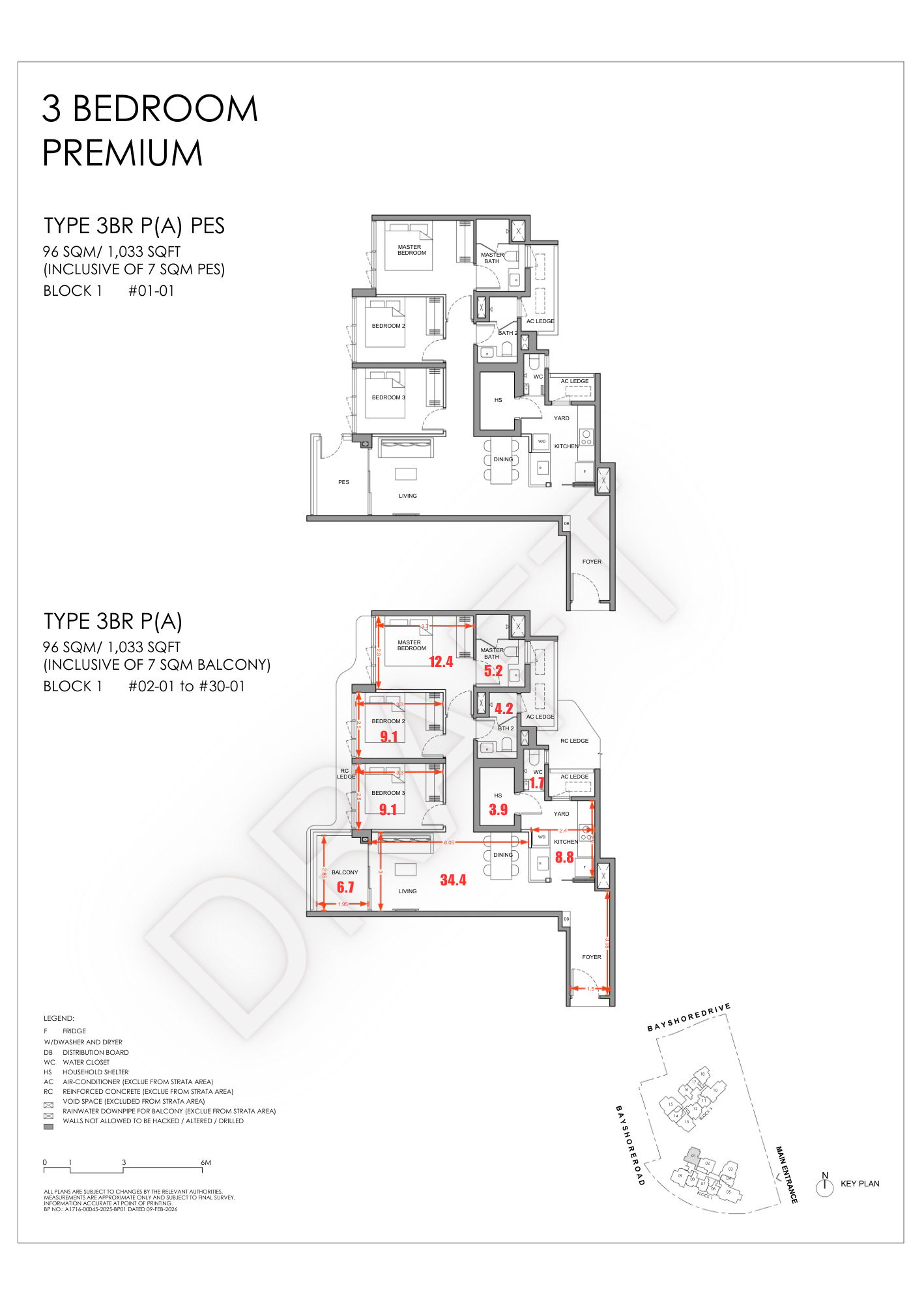 Vela Bay 3-Bedroom Premium floor plan Type 3BR P(A) 1033 sqft 96 sqm Block 1 with enclosed kitchen yard and household shelter