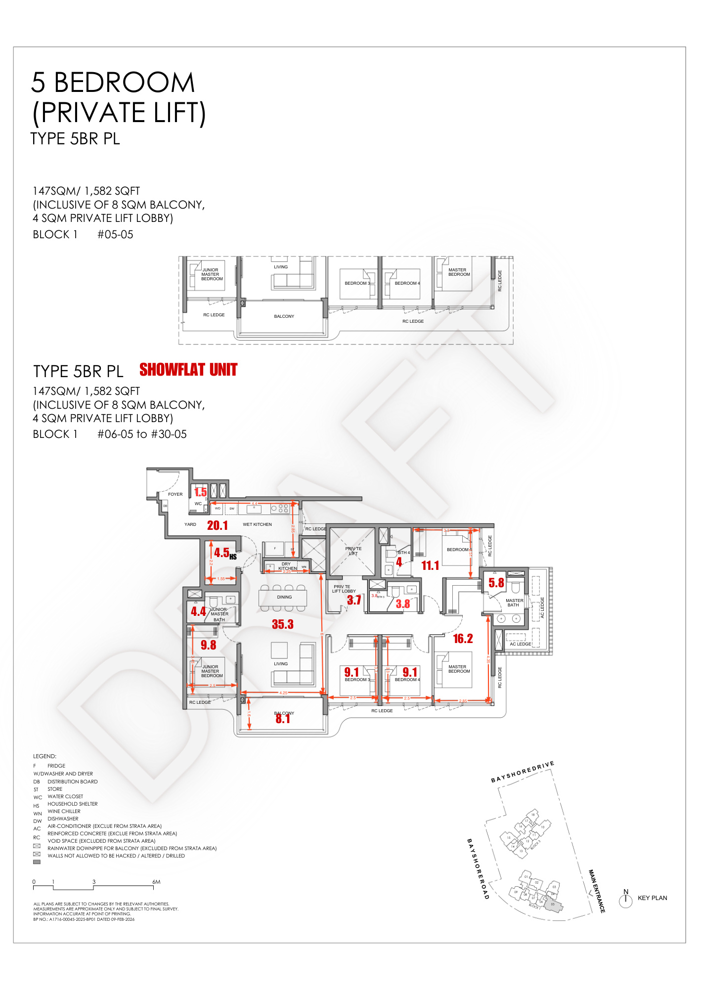 Vela Bay 5-Bedroom Private Lift floor plan Type 5BR PL 1582 sqft 147 sqm Block 1 with junior master bedroom and four bathrooms