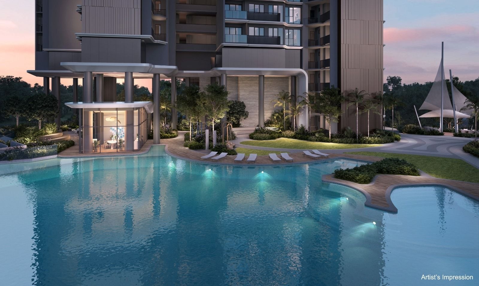 Vela Bay two towers at dusk with East Coast Park canopy and shipping lanes visible on the horizon