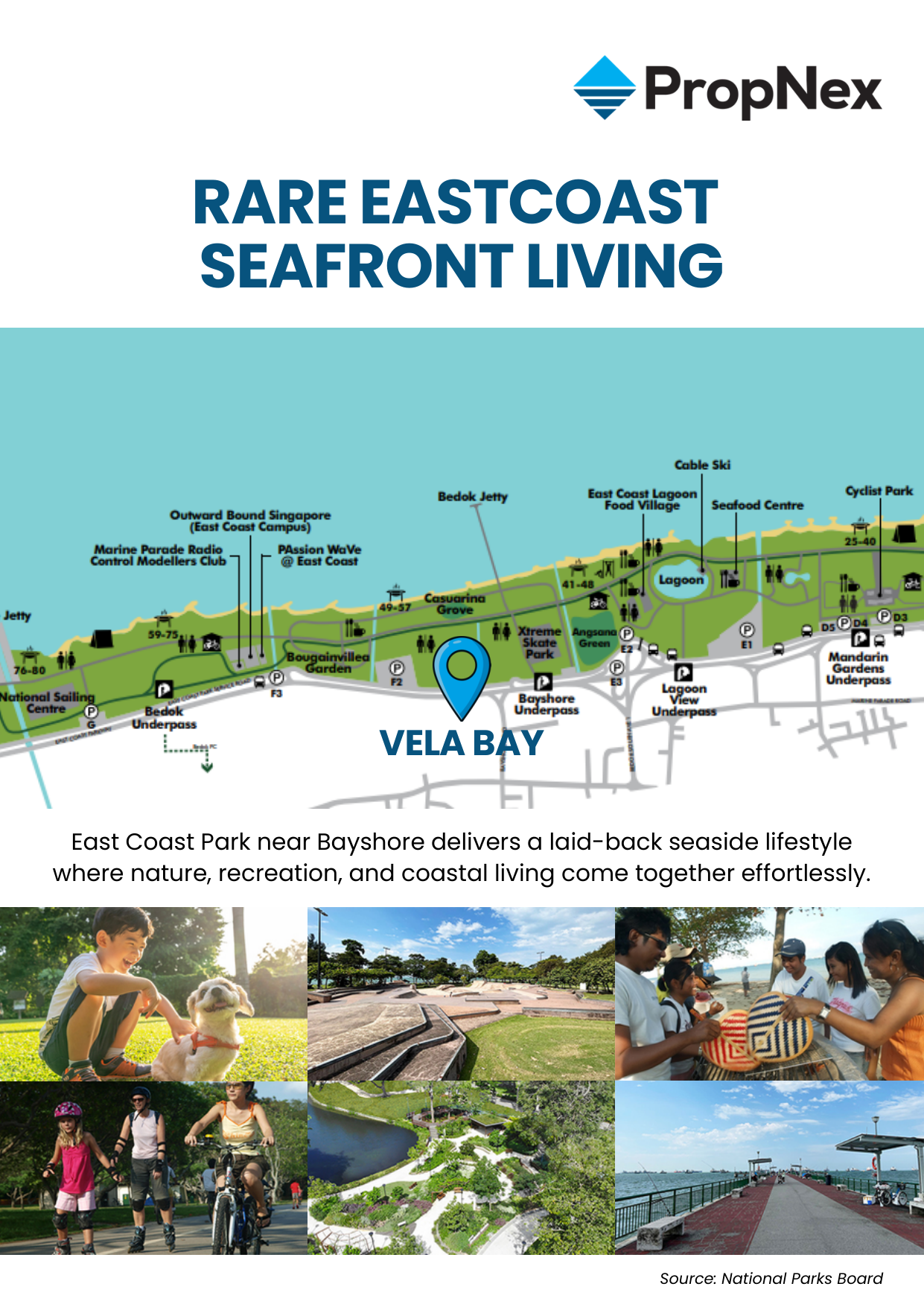 East Coast Park seafront map showing Vela Bay position relative to Bedok Jetty lagoon food village cycling park cable ski and park underpasses