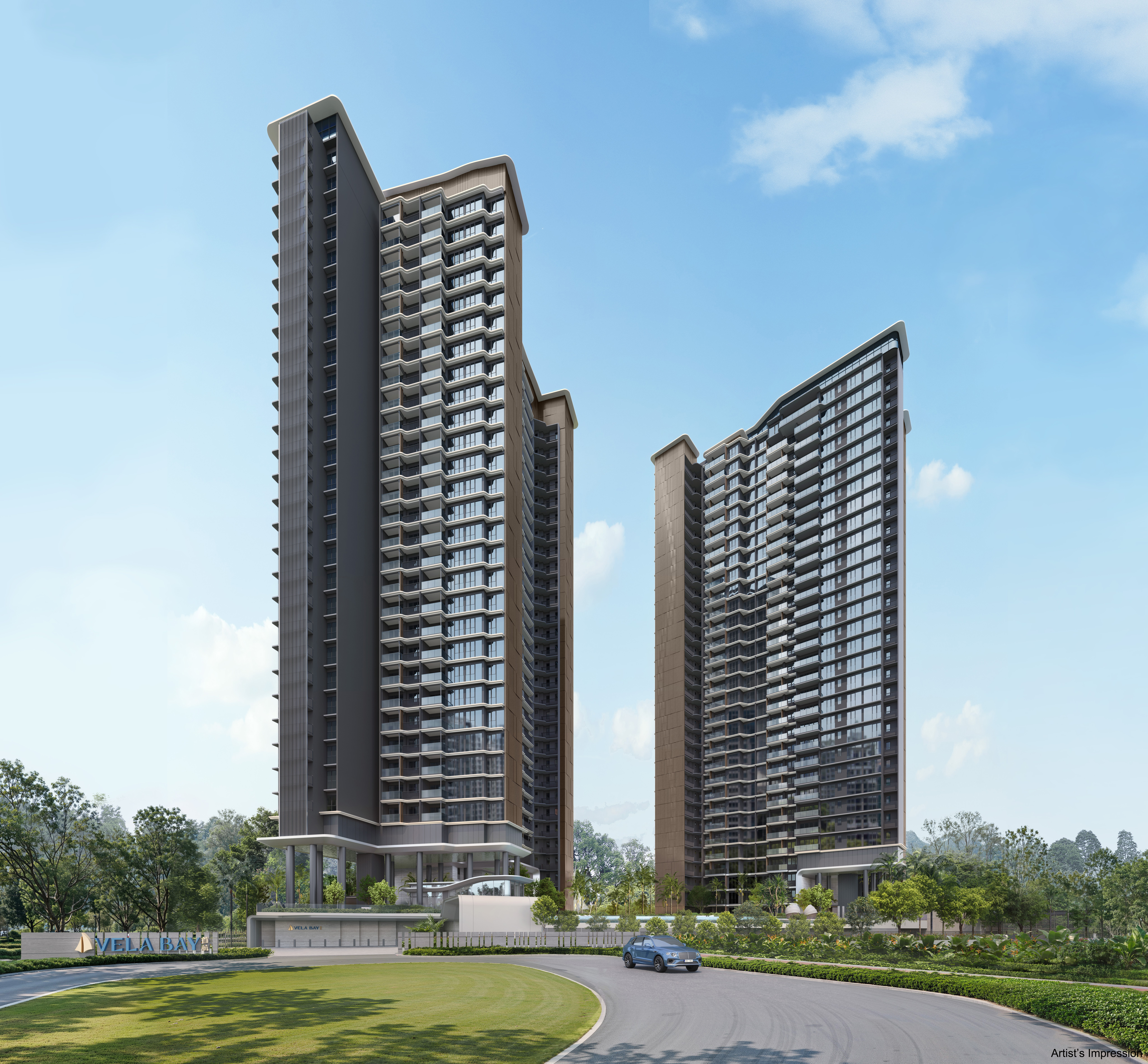 Vela Bay two-tower facade showing dark cladding and fin detailing rising 31 storeys above landscaped grounds