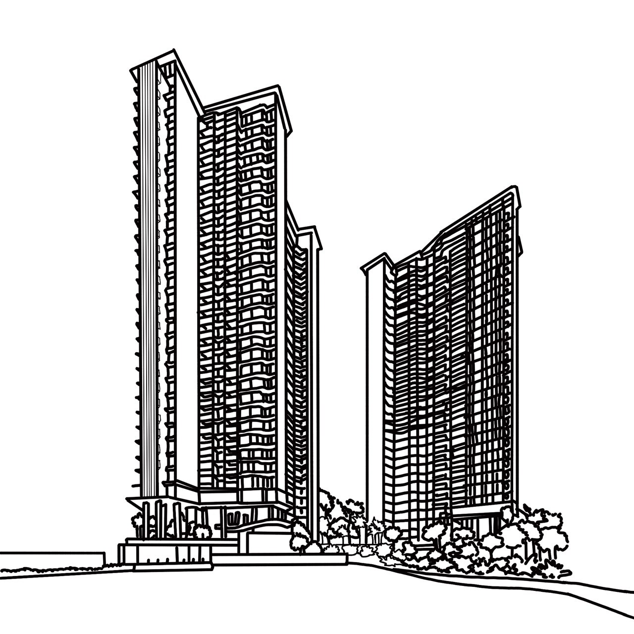 Vela Bay architectural line drawing showing the two 31-storey towers from a street perspective with the lower podium and landscaping
