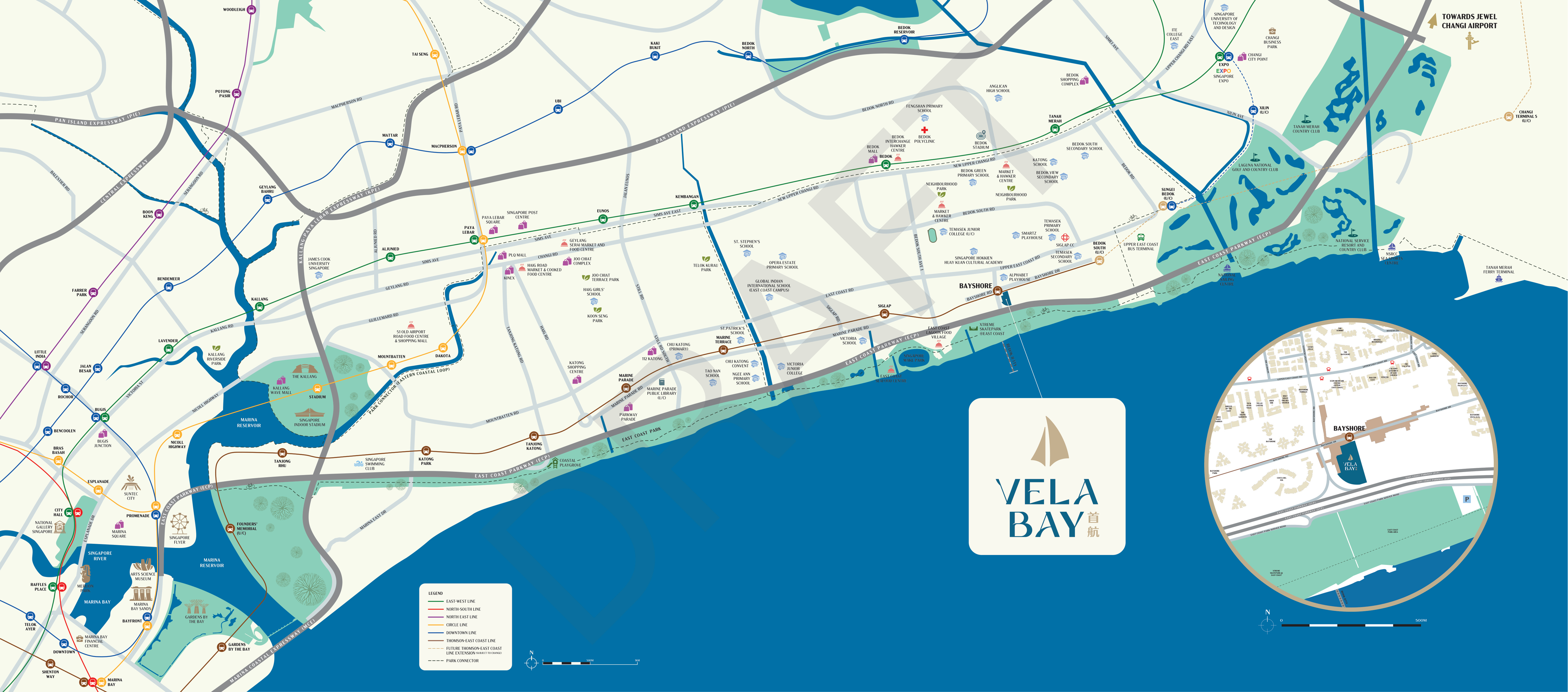 Vela Bay location map showing Bayshore MRT connectivity via Thomson-East Coast Line to Marina Bay Orchard and CBD with surrounding schools parks and amenities