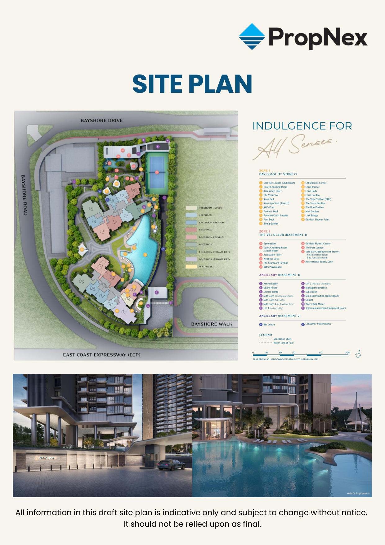 Vela Bay draft site plan showing Block 1 and Block 3 positions pool deck clubhouse facilities layout and road frontage along Bayshore Walk